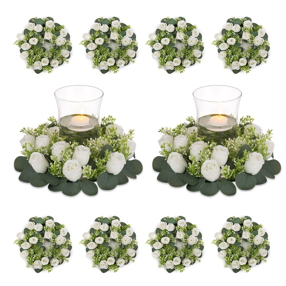 Blosmon Candle Rings 13.4" Artificial Silk White Rose Wedding Centerpiece Wreath (10 Count)