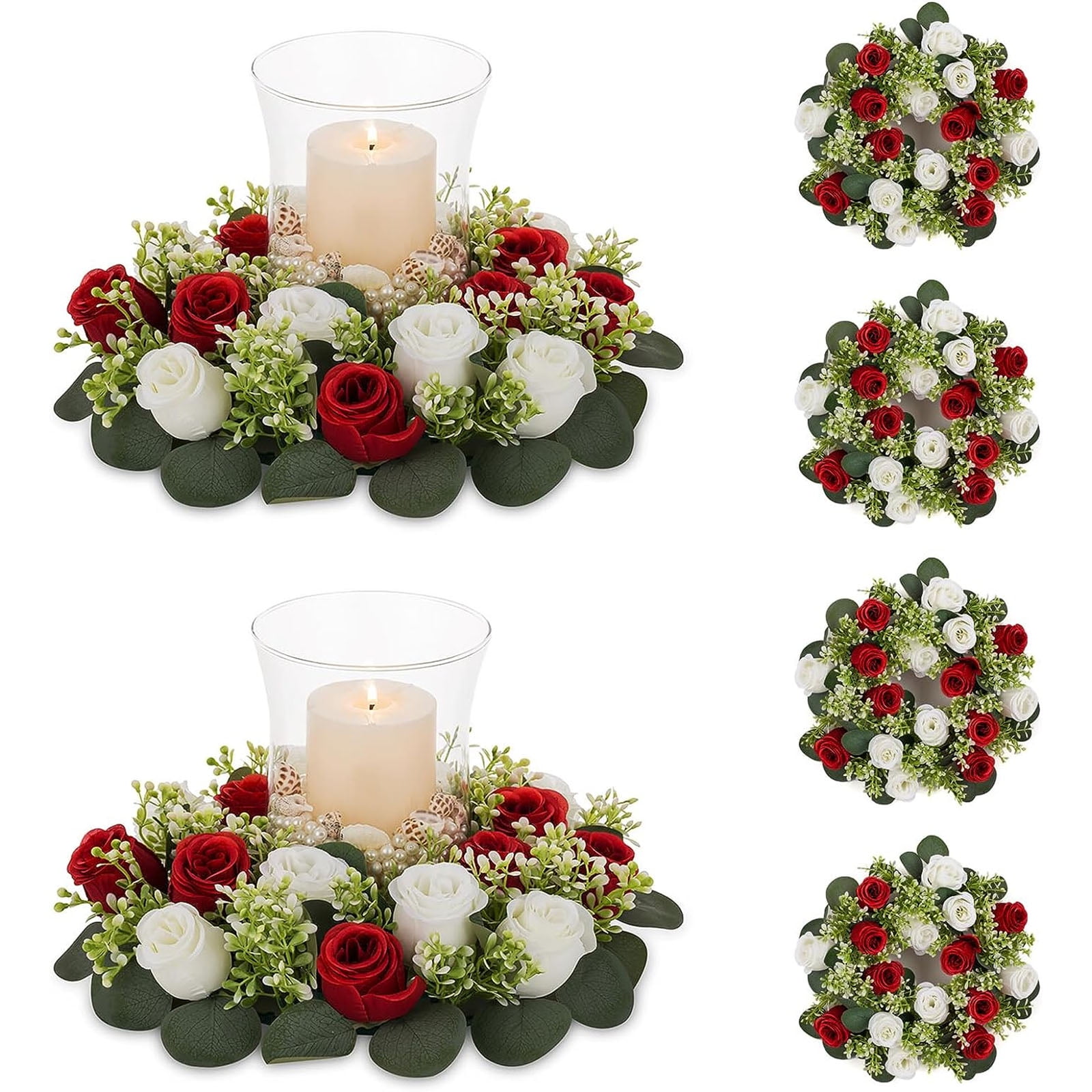 Blosmon Candle Rings Wreaths 6 Pcs 13.4" Large Burgundy & White