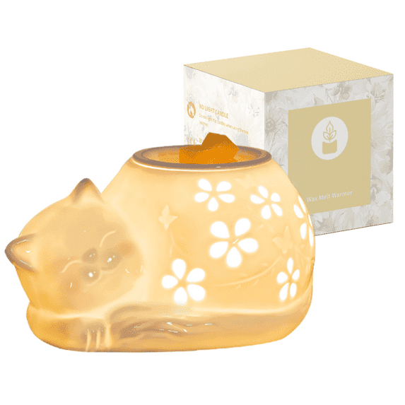 Blosmon Ceramic Wax Warmer: Cute Cat Electric Wax Burner with 2 Replacement Light Bulbs Fragrance Candle Warmer Home Decor Birthday Gift