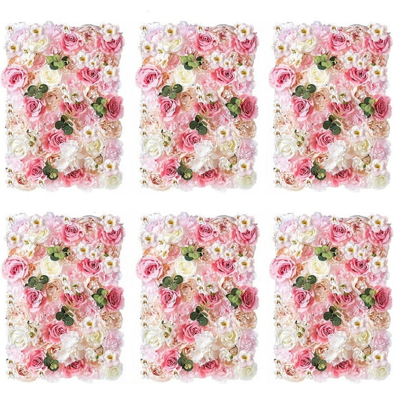 Blosmon Flower Wall Panel Decor for Wedding 6 Pcs of 16 x 24" Pink and White Rose Flower Backdrop Wall Baby Bridal Shower Home Party Backdrop Decoration