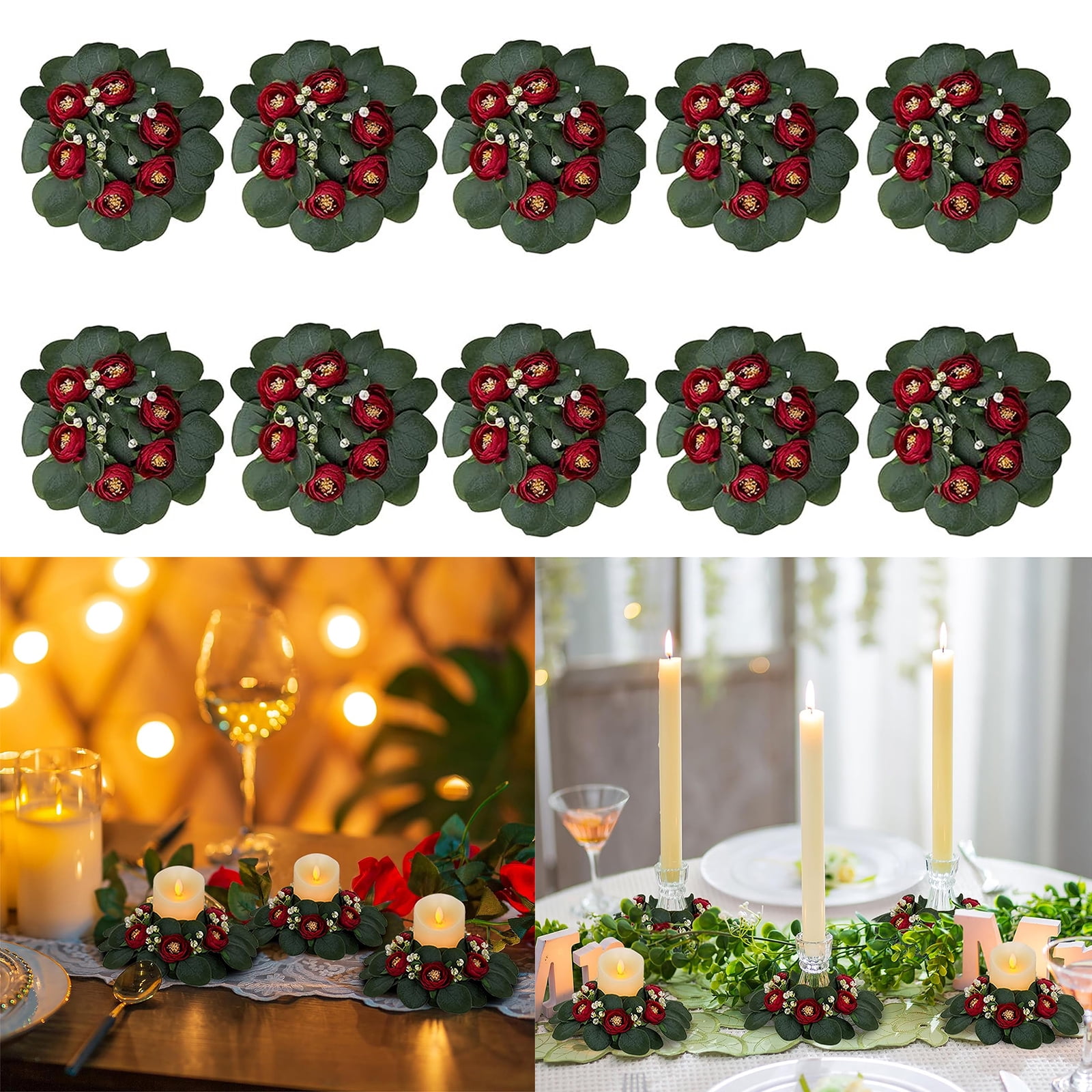 Blosmon Small Candle Rings Wreath 12 Pcs Mini Artificial Burgundy Peony Eucalyptus Candle Ring for Wedding Centerpiece Kitchen Dinning Table Candlestick Candle Holders Decor Walmart
