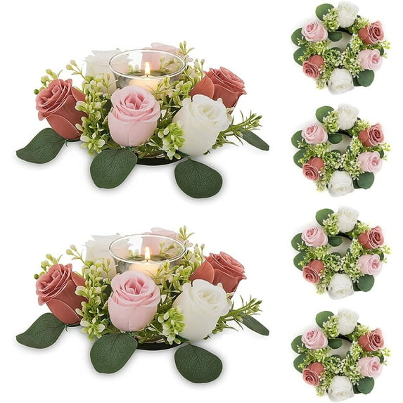 Blosmon Small Candle Rings Wreaths 6 Pcs 2.9 inch Inner Diam Dusty Pink Artificial Flowers Wedding Centerpiece for Table Spring Summer Fake Rose Wreath for Front Door