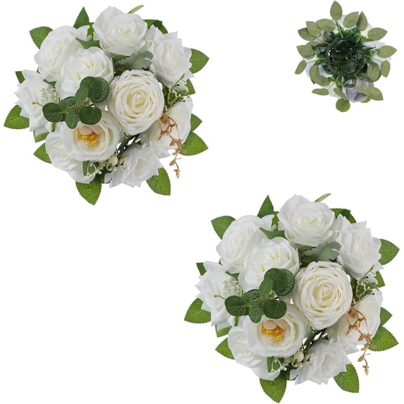 Blosmon Wedding Fake Flower Ball for Centerpiece Table Decoration 2 Pcs White Artificial Rose Kissing Balls Flores Bouquet Arrangement for Home Party Events Dinning DIY Decor