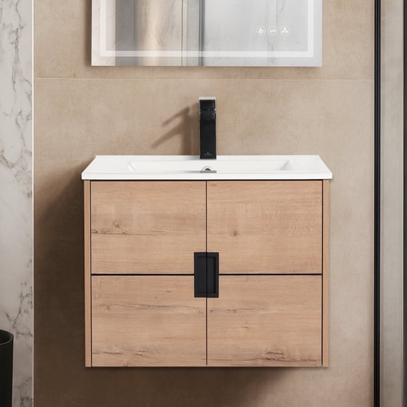 Blossom 24" Bathroom Vanity with Sink, Wall-Mount Ceramic Basin, Classic Oak Finish, Soft-Close Doors