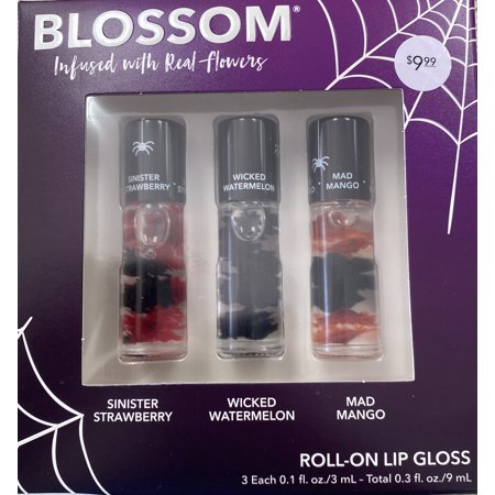 Blossom 3 Pack Gift Set Moisturizing Lip Gloss Tubes, Roll on Lip Gloss, Scented Color Change Lip Balm, Infused with Real Flowers, 0.3 fl. oz/9mL, Sinister Strawberry/Wicked Watermelon/Mad Mango