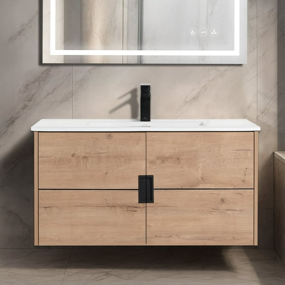 Blossom 36" Bathroom Vanity with Sink, Wall-Mount Floating Design in Classic Oak, Ceramic Basin, Soft-Close Doors