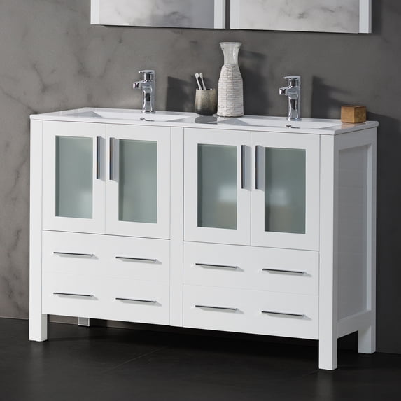 Blossom 48" Double Sink Vanity | Glossy White | Solid Wood | Ceramic Top | Freestanding Bathroom Cabinet