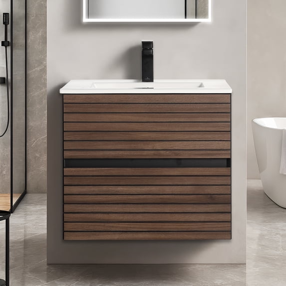 Blossom 24 Wall Mounted Bathroom Vanity in Dark Walnut with Ceramic Sink | Floating Bathroom Cabinet with Storage
