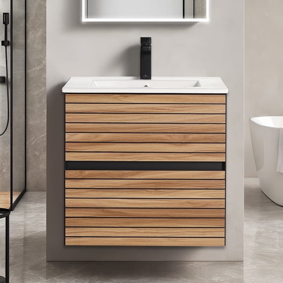 Blossom Annecy 24" Wall Mounted Vanity | Maple Strip | Ceramic Sink | Modern Floating Bathroom Cabinet