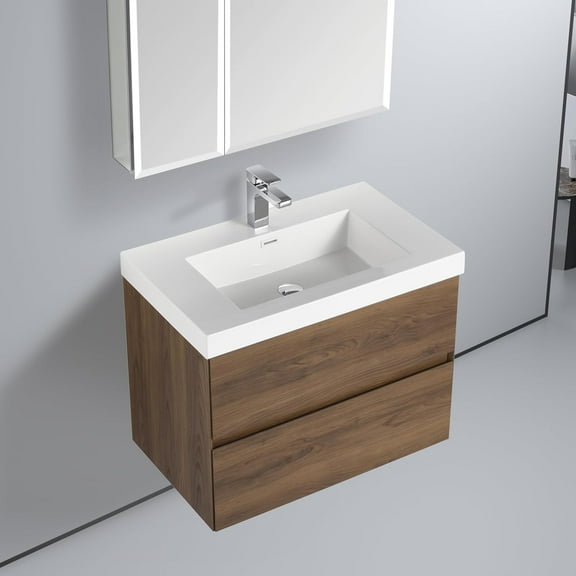 Blossom Assisi 30" Wall Vanity  Brown Walnut Floating Cabinet w/Acrylic Sink & Soft-Close Drawers