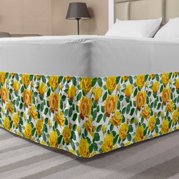 Blossom Bed Skirt, Rose Bouquet Branches Gardening Spring Buds Fragrance Motif on Plain, Elastic Bedskirt Dust Ruffle Wrap Around for Bedding Decor, 4 Sizes, Yellow Green Dark Peach, by Ambesonne