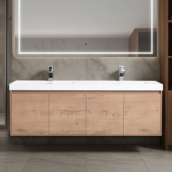 Blossom Bern 60" Floating Vanity, Double Acrylic Sink, Soft-Close Doors, Classic Oak, Space-Saving Design
