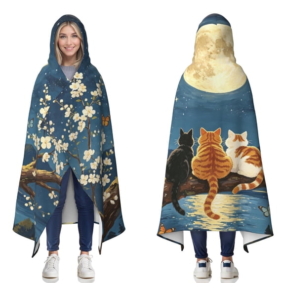 Blossom Branch Cat Wearable Blanket Hoodies for Women Men Adults Cat Lovers Cozy Warm Full Moon Floral Cats Hooded Blankets for Home Travel Decor 50x60 Inch