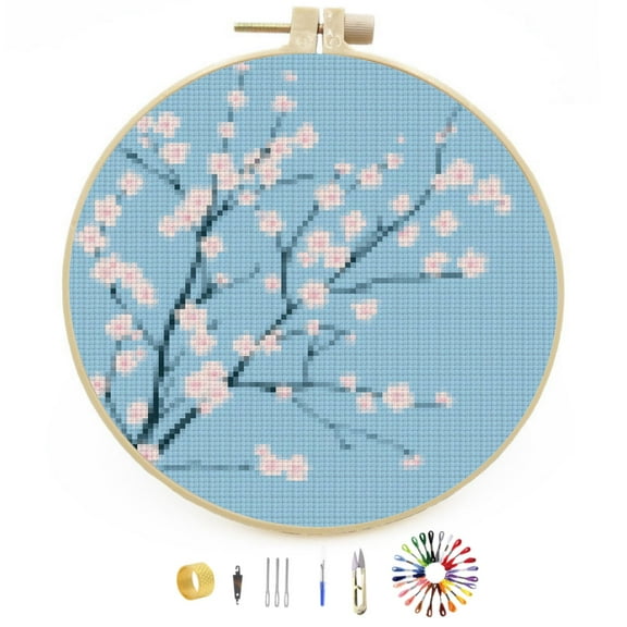 Blossom Cherry Flower Tree under Moon DIY Stamped Cross Stitch Kits Easy for Beginners with Hoop 11CT Counted Embroidery Needlepoint Crafts Arts for Handmade Enthusiasts and Home Decor 30x30cm(4)