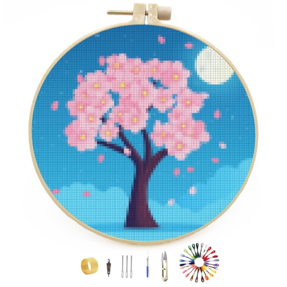 Blossom Cherry Flower Tree under Moon DIY Stamped Cross Stitch Kits Easy for Beginners with Hoop 11CT Counted Embroidery Needlepoint Crafts Arts for Handmade Enthusiasts and Home Decor 30x30cm(3)