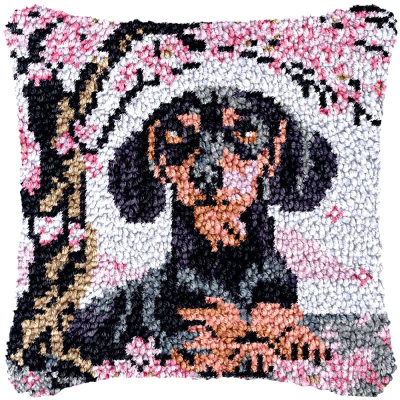 Blossom Dachshund Latch Hook Pillow Cover Kits for DIY Handmade Throw Pillow Cross Stitch Latch Hook Pillowcase Rug Kits with Preprinted Color Pattern Canvas Crochet Yarn Kits 17''X 17''(ys46)