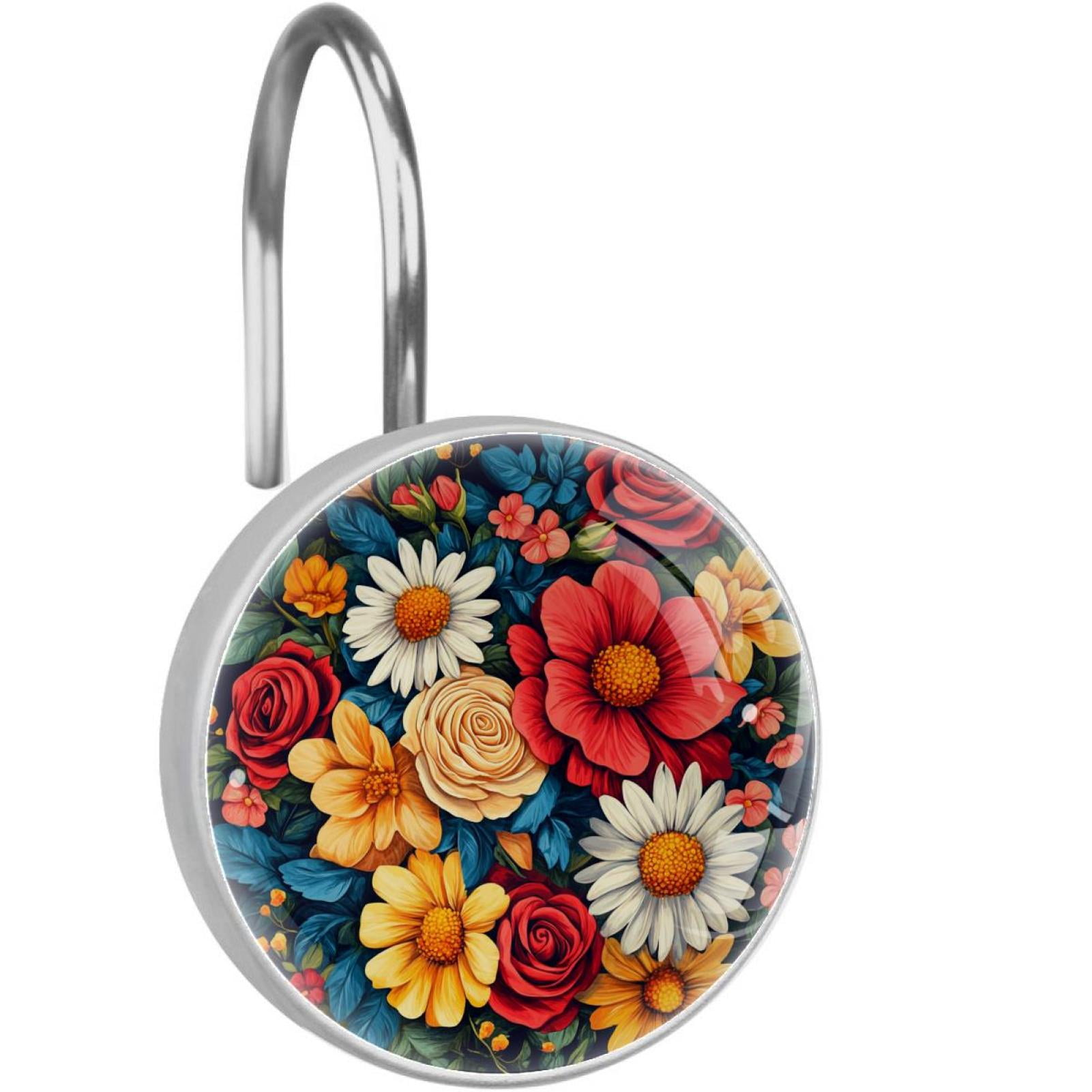 Blossom Daisy Red Roses Shower Curtain Hooks Round Crystal Glass, Set of 12 Shower Curtain Rings - Shower Hooks for Curtain Shower Rings