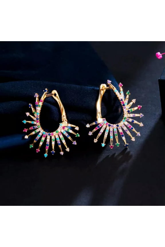 Blossom Firework Multiclor Rainbow CZ Women Hoop Earrings 585 Gold Boho Jewelry