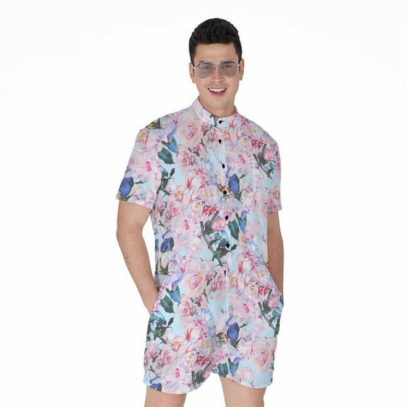 Blossom Floral Flower Pattern Short Sleeve Men'S Rompers Casual Summer Jumpsuits Outfit