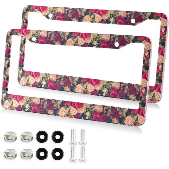 Blossom Floral Red License Plate Frame, Decorative Aluminum Car Tag Frames, 2 Pack Universal Car License Plate Covers with 2 Holes and Screws