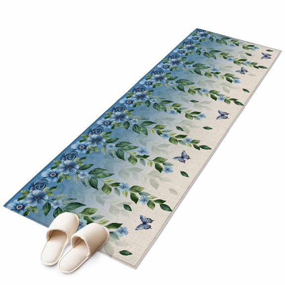 Blossom Flower Country Foliage Non-Slip Non-Shedding Floor Mat, Green Leaf Retro Linen Washable Sturdy Carpet for Living Room Bedroom Home Decor