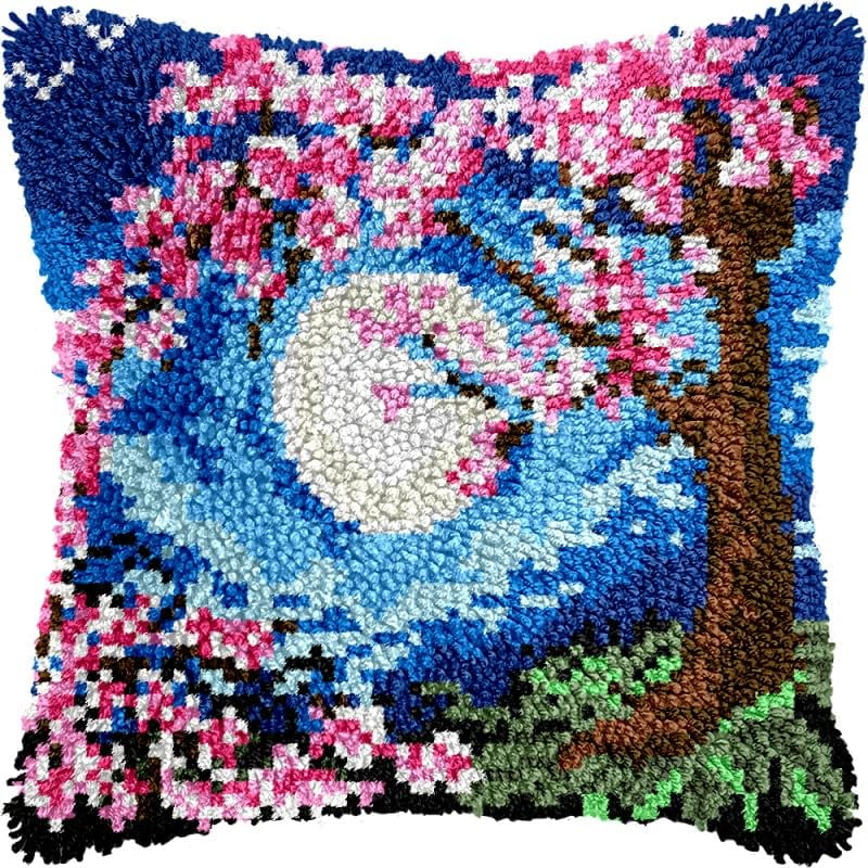 Blossom Flowers & Moon Latch Hook Pillow Kits Pillow Cover with Pattern Printed Canvas Sofa Hooking Pillowcase Cushion Crafts Embroidery Latch Hooking Crochet Starter Kits 17x17 inch(1)