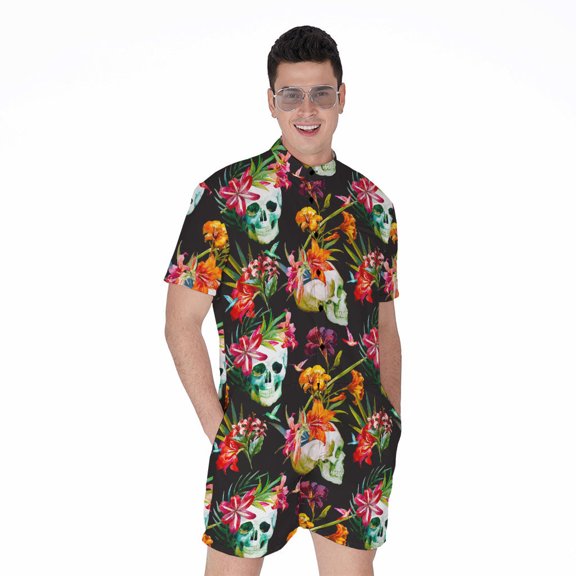 Blossom Flowers Skull Pattern Short Sleeve Men'S Rompers, Skull Lover Gifts Casual Summer Jumpsuits Outfit
