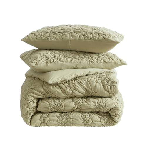 Blossom Home by New Season - Lou Lou 100% Cotton Jersey Quilt Set, 200 Thread Count Cotton Reverse Solid with 100% Polyester Quilt Fill, Outline Stitched Daisy Motifs