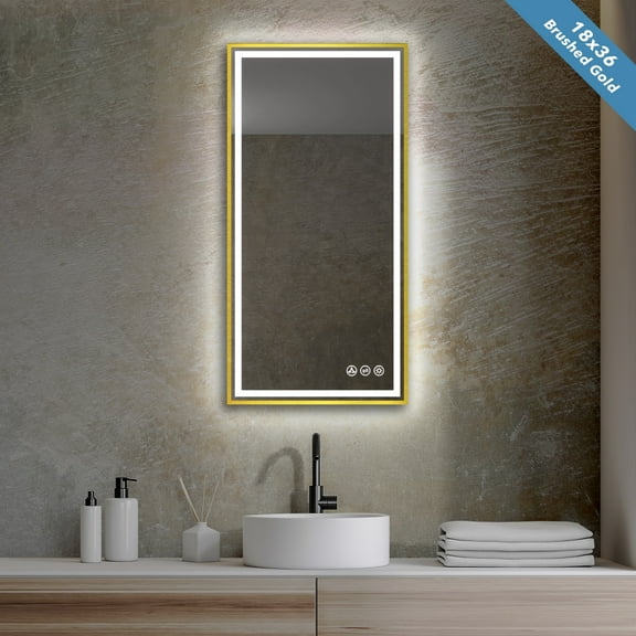 Blossom Kitchen and Bath Fogless Color and Brightness Adjustable LED Mirror Brushed Gold 18x36 Gold