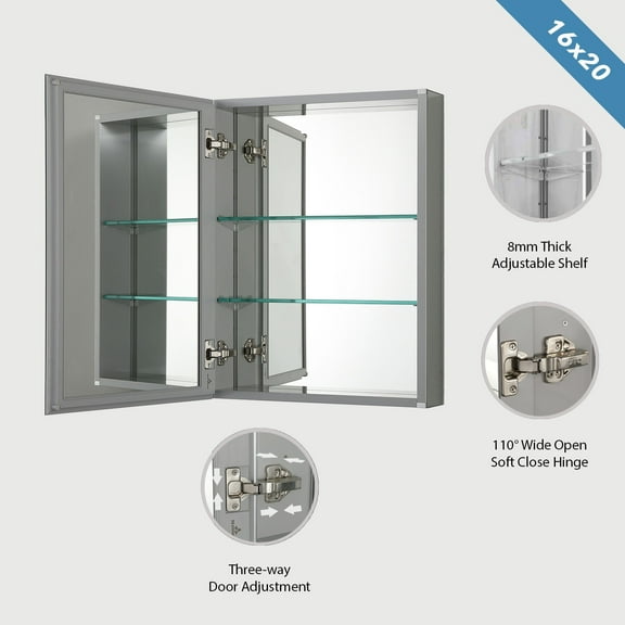 Blossom Kitchen and Bath  Bevel Aluminum Medicine Cabinet w/ Mirror, Shelve & Soft Close 16x20