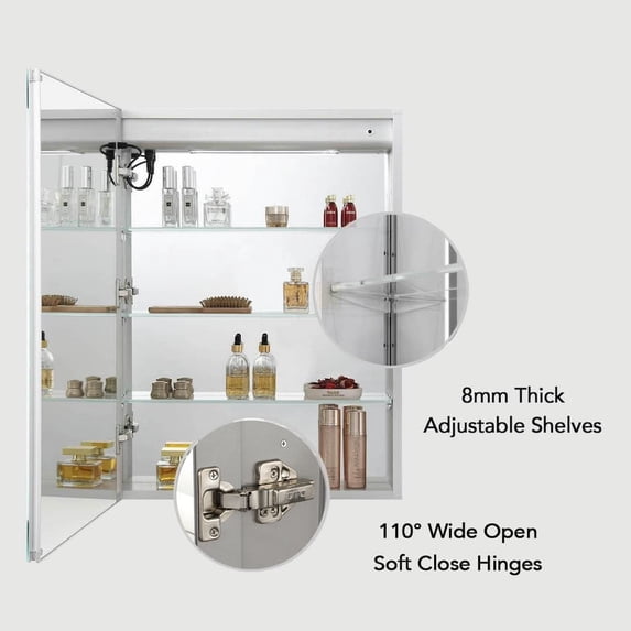 Blossom Vega 20" LED Medicine Cabinet | Right Hinge| Aluminum Frame | Adjustable Shelves | Smart Memory
