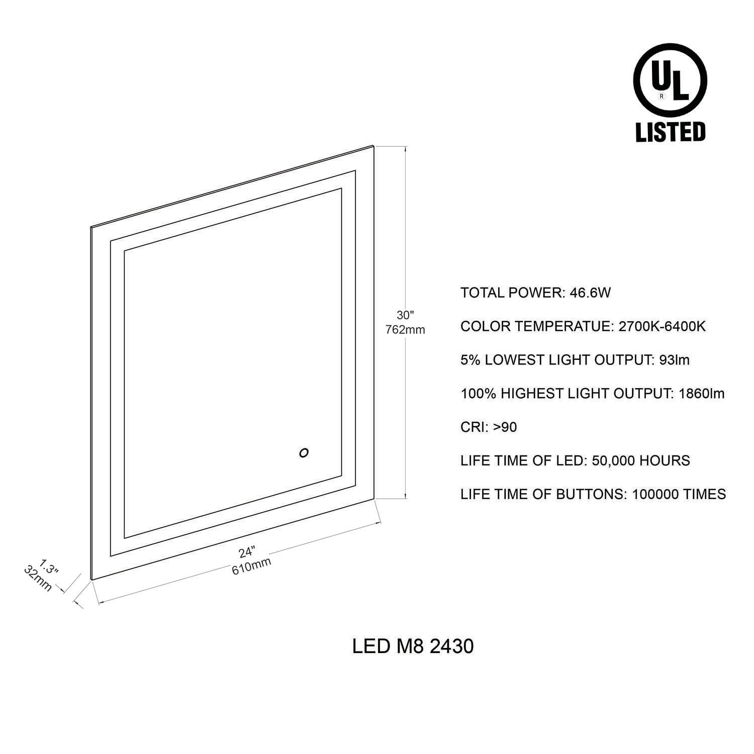 Elysian 24" x 30" Silver LED Bathroom Vanity Mirror with Antifog and Color Adjust