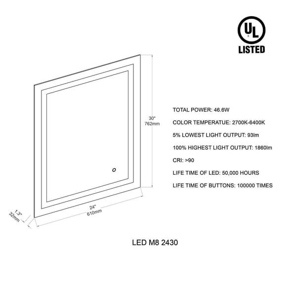 Blossom Kitchen and Bath Lyra 24" Bathroom LED Mirror with Defogger, Adjustable Color Temperature