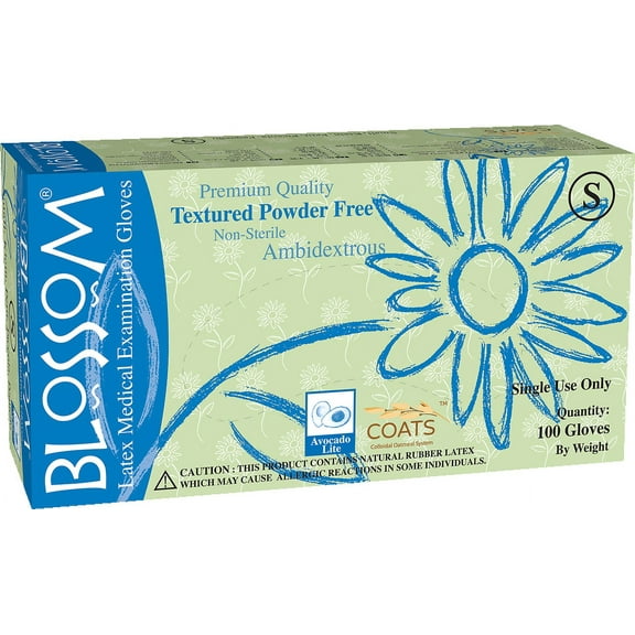 Blossom Latex Powder Free Textured Exam Gloves with C.O.A.T.S., Size Medium, 100 Gloves Per Box, Sold by Box
