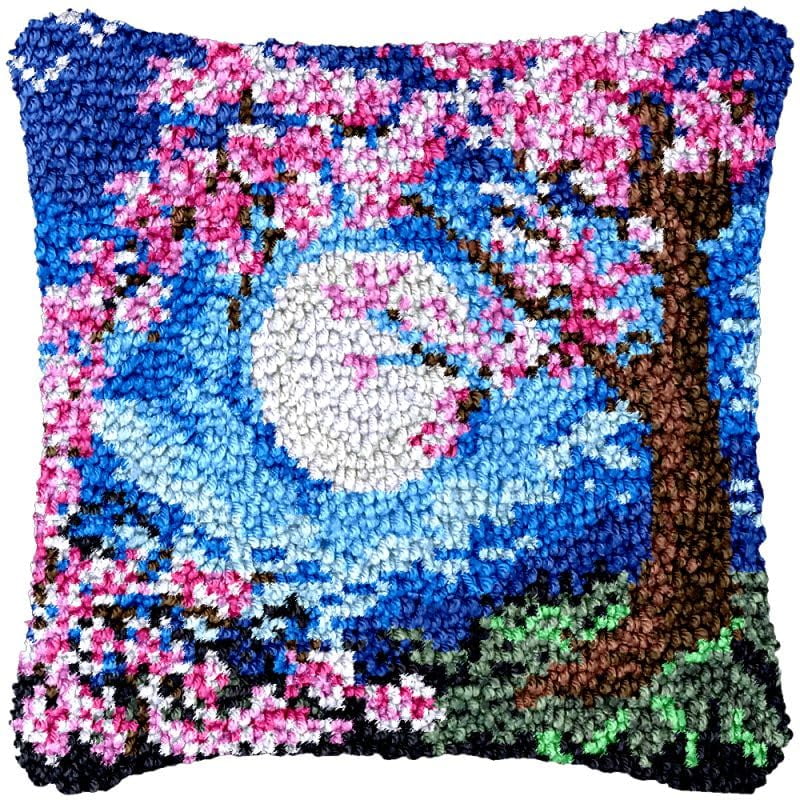 Blossom Moon Night Latch Hook Pillow Cover Kits for Needlework Cushion Throw Pillow Cross Stitch Crochet Hook Pillowcase Rug Kits Printed Canvas Crochet Yarn Kits Needlework 17'' X 17''