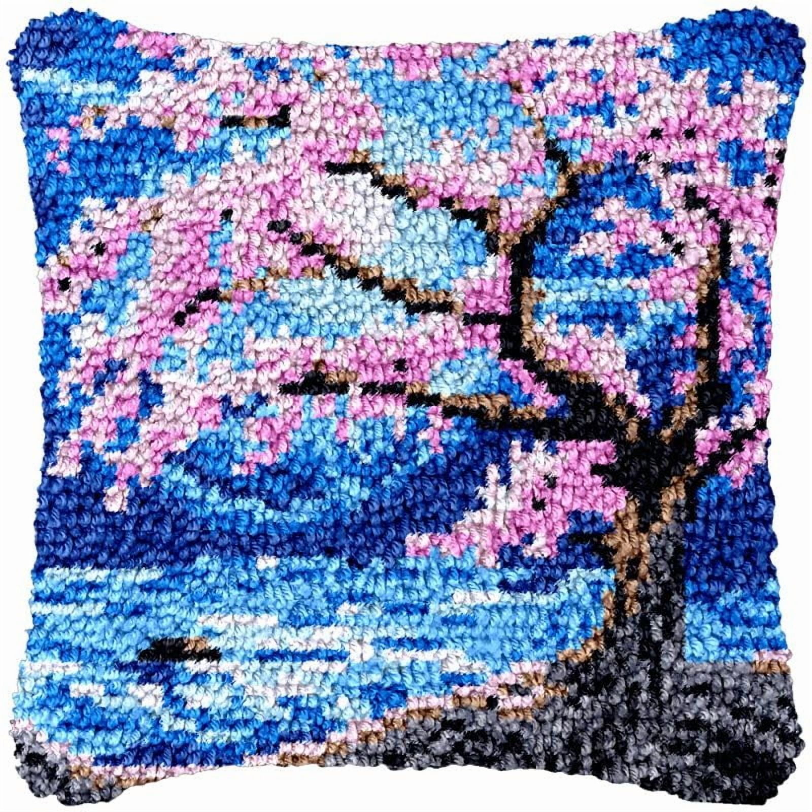 Blossom Moon Scenery Latch Hook Pillowcase Kits for Adults and Starter DIY Cushion Cross Stitch Latch Hook Rug Kits with Preprinted Canvas Crochet Yarn Kits Needlework Crafts 17'' X 17''