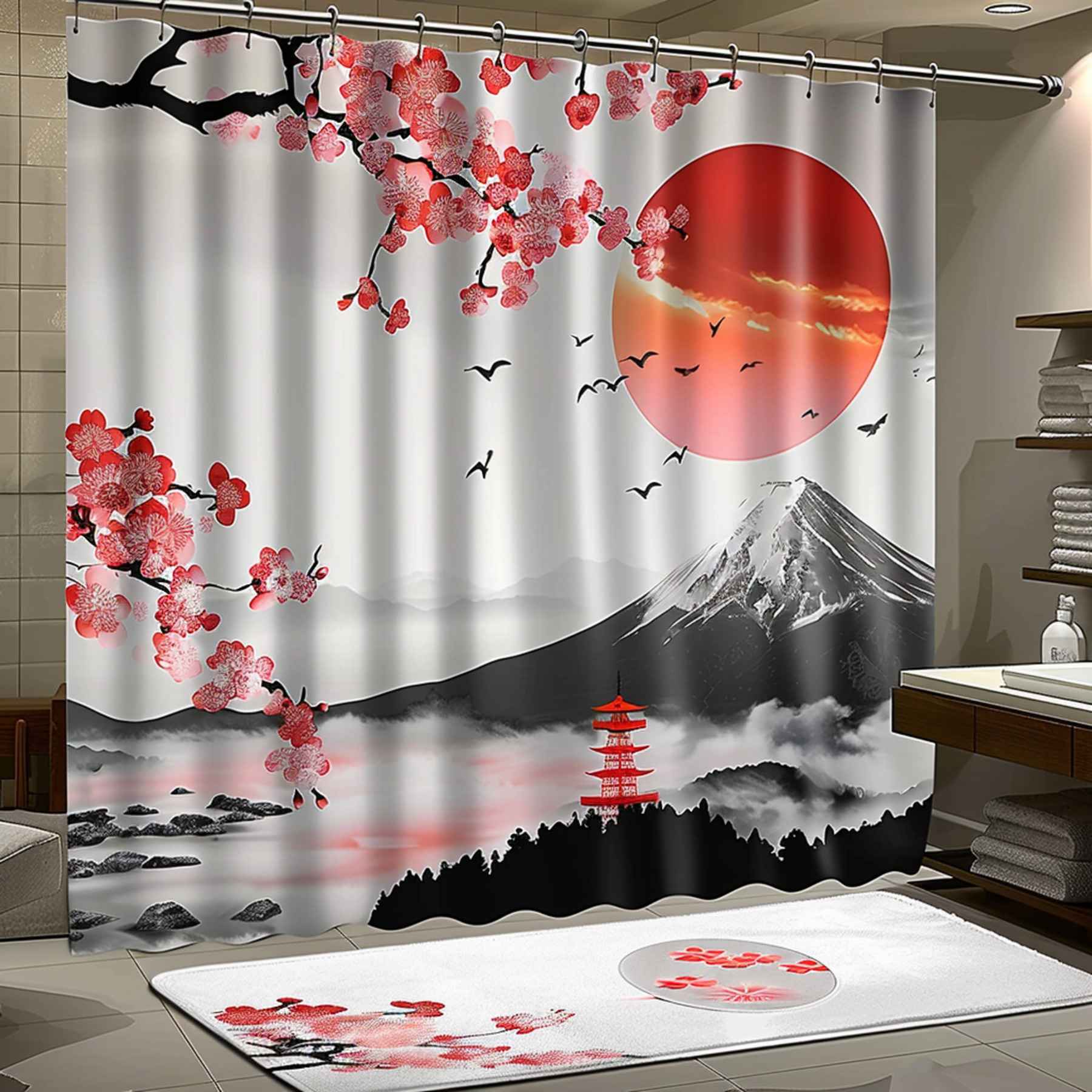 Blossom Mountain Print Shower Curtain Set White Grey Red Black Bathroom