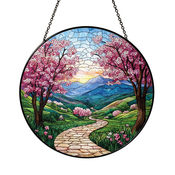 Blossom Path Forest Glass Suncatcher Window Hanging, Peaceful Spring Landscape Home Accent