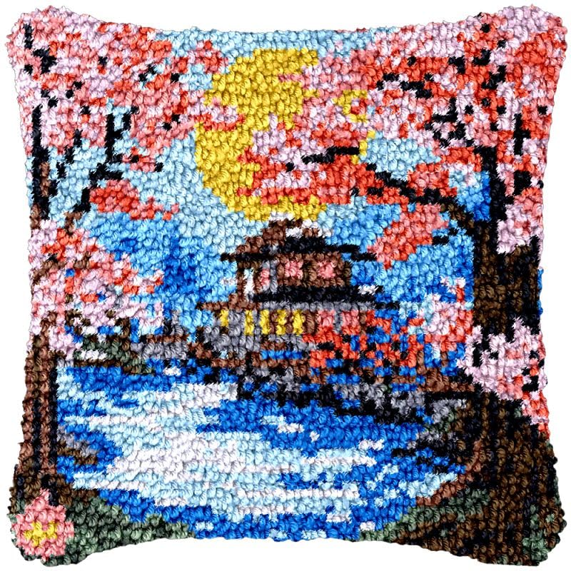 Blossom Pavilion Latch Hook Pillow Cover Kits for DIY Cushion Cross Stitch Crochet Hooking Latch Hook Pillowcase Rug Kits with Preprinted Canvas Crochet Yarn Kits Needlework Crafts 17'' X 17''