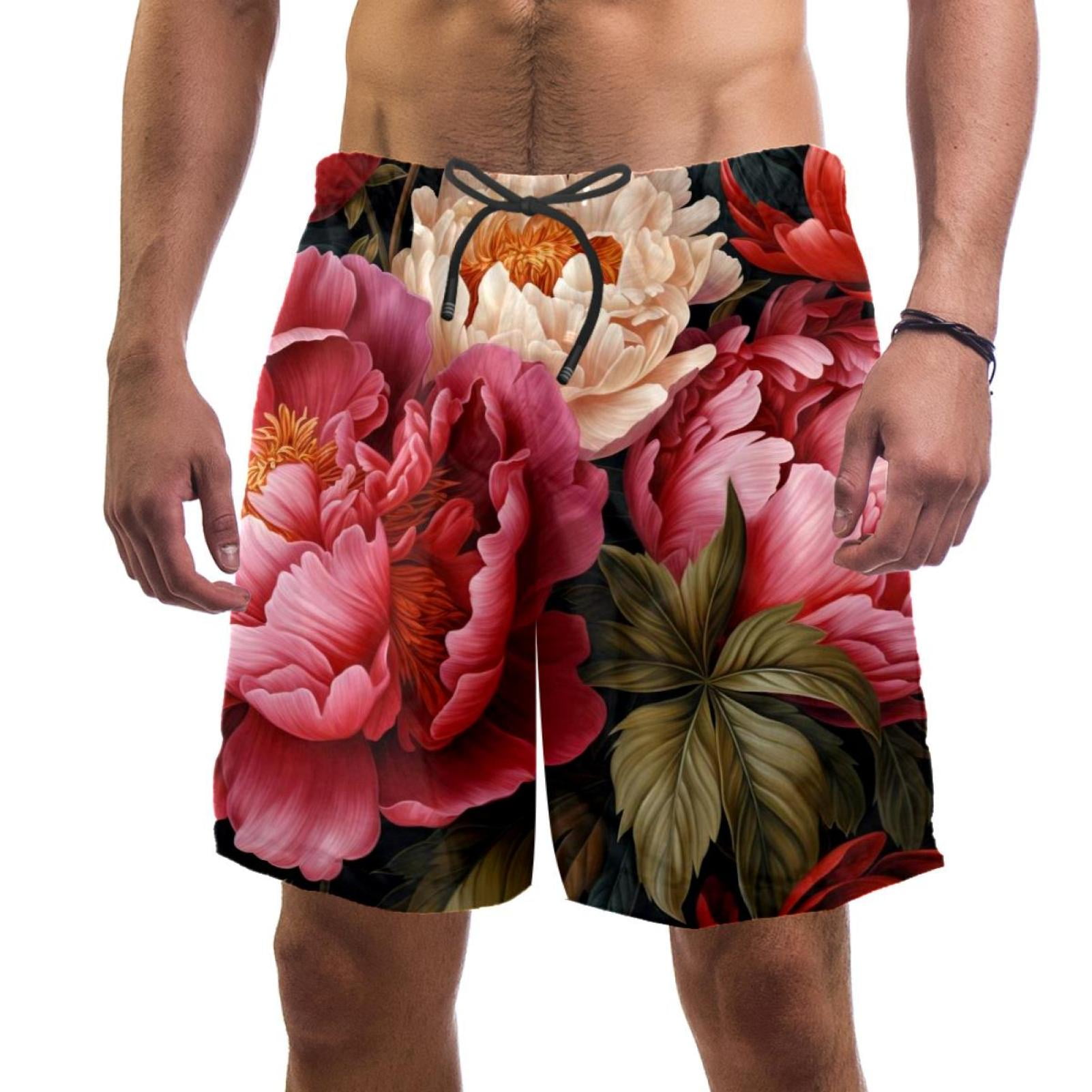 Blossom Peony Flowers Men's Swim Trunks, Quick Dry Swimwear Bathing