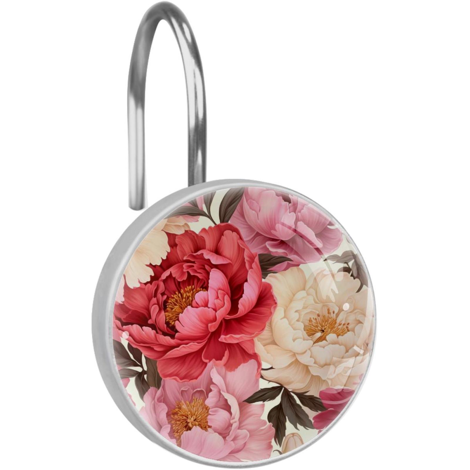 Blossom Peony Flowers Rolling Shower Curtain Hooks, Clear Crystal Glass Art Decorative Stainless Bath Bathroom Set 12 Pcs