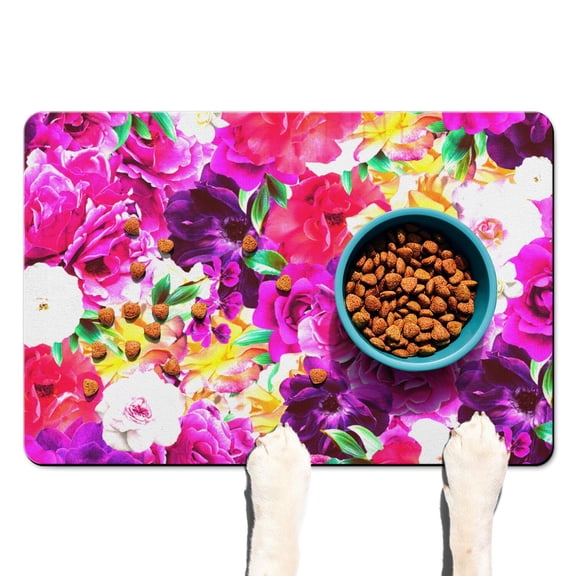Blossom Pet Feeding Mat - Nature Theme, Waterproof Dog Food Catcher with Rubber Base