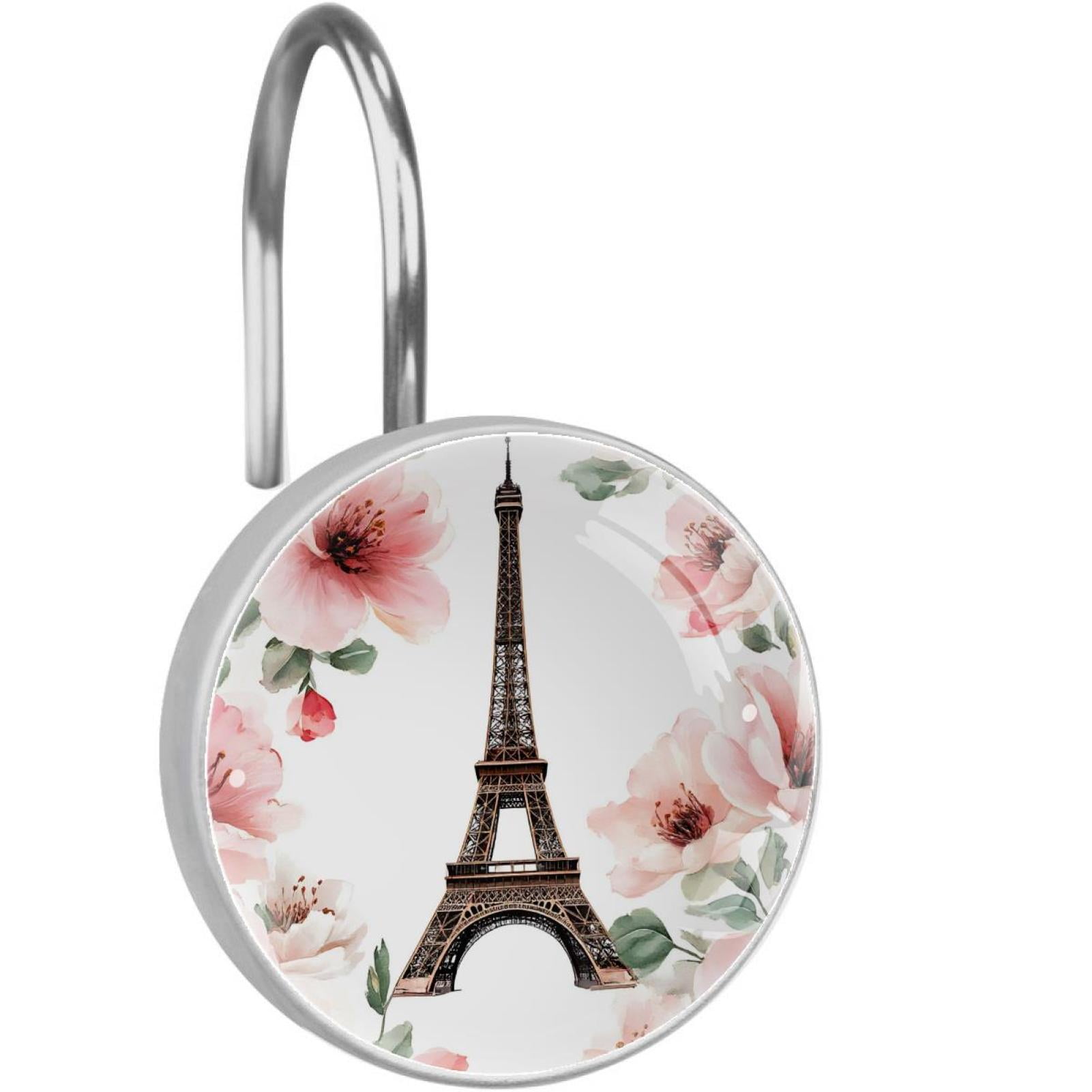 Blossom Pink Flowers Eiffel Tower Shower Curtain Hooks Round Crystal Glass, Set of 12 Shower Curtain Rings - Shower Hooks for Curtain Shower Rings