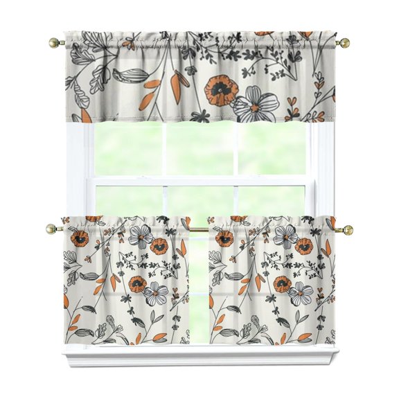 Blossom Print Kitchen Curtains Set - 3 Piece Farmhouse Caf Curtains with Valance
