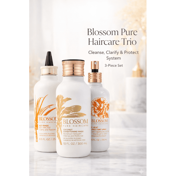 Blossom Pure 3-Piece Hair Care Set – Shampoo, ACV Rinse Clarifying Rinse & Heat Protectant