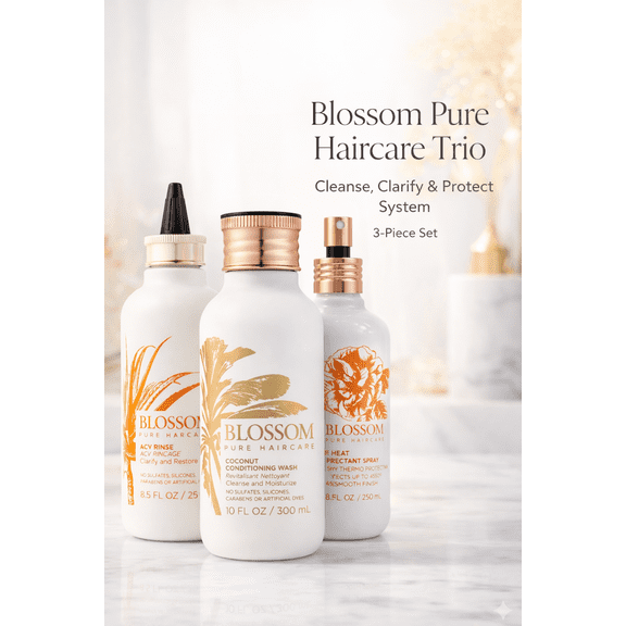Blossom Pure 3-Piece Hair Care Set Shampoo, ACV Rinse Clarifying Rinse & Heat Protectant