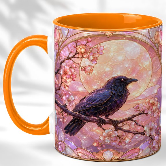 Blossom Raven Coffee Mug, Stained Glass Bird Mug, Ceramic 11 oz