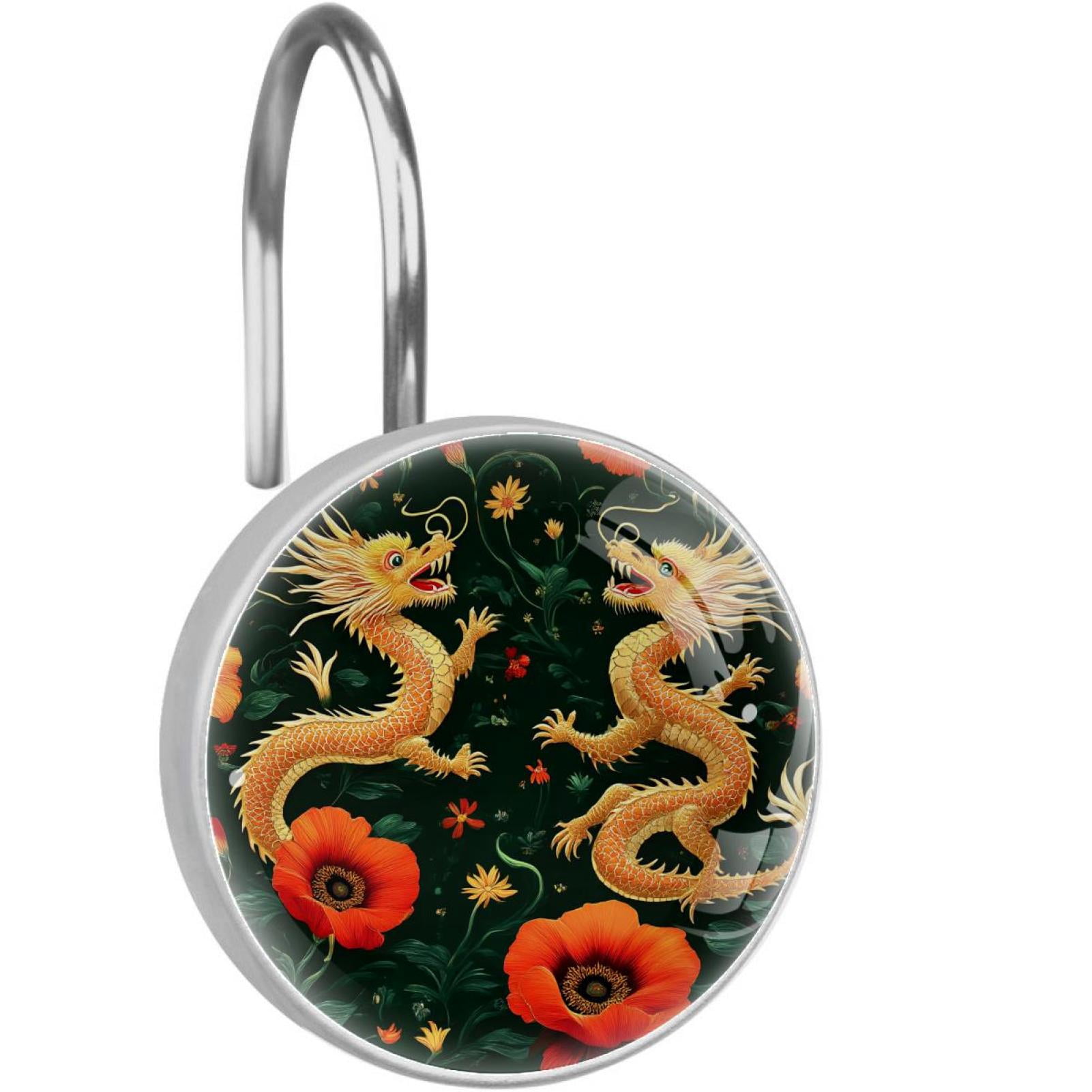Blossom Red Poppies Dragons Shower Curtain Hooks Round Crystal Glass, Set of 12 Shower Curtain Rings - Shower Hooks for Curtain Shower Rings