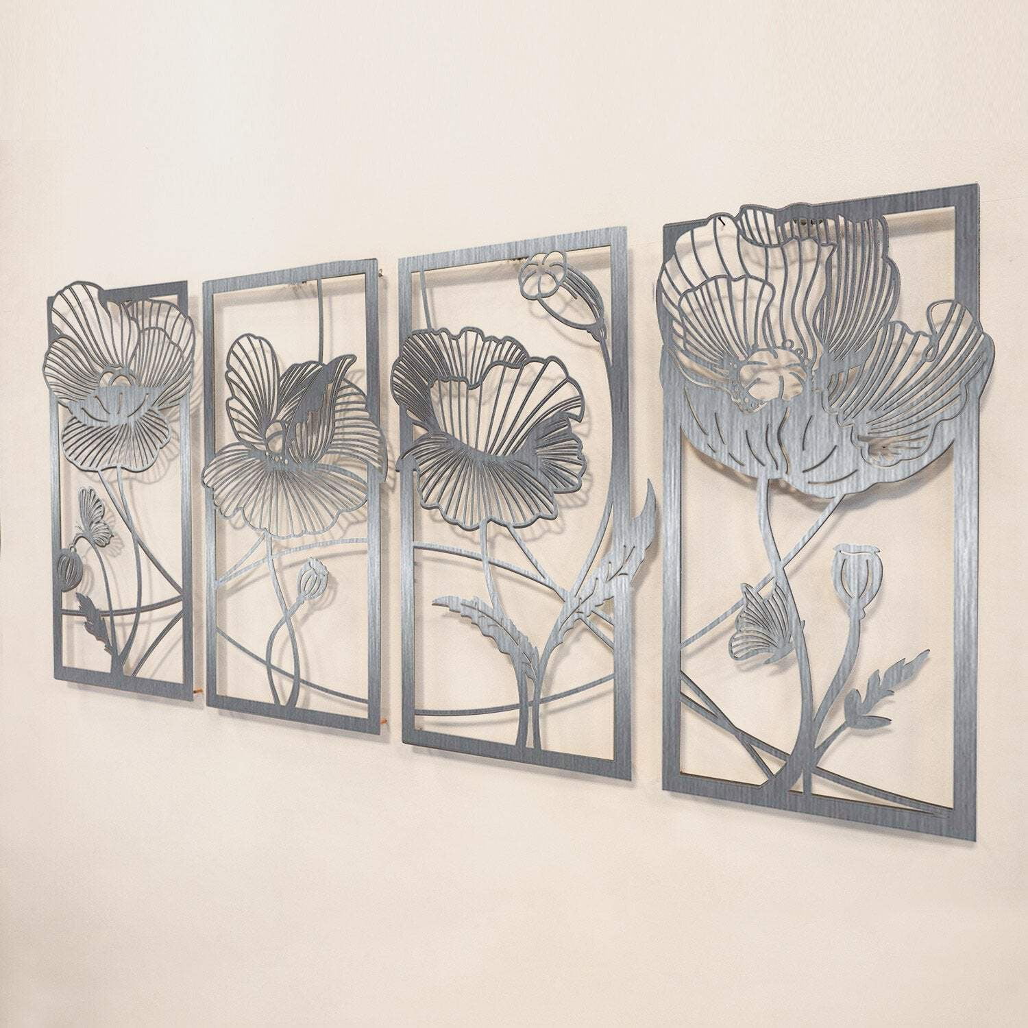 Metallic Floral Steel Wall Art Set of 4 Panels