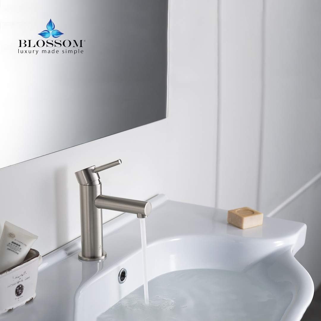 Blossom Brush Nickel Single Handle Bathroom Faucet – Brass Lavatory Round Sink Fixture with Hose